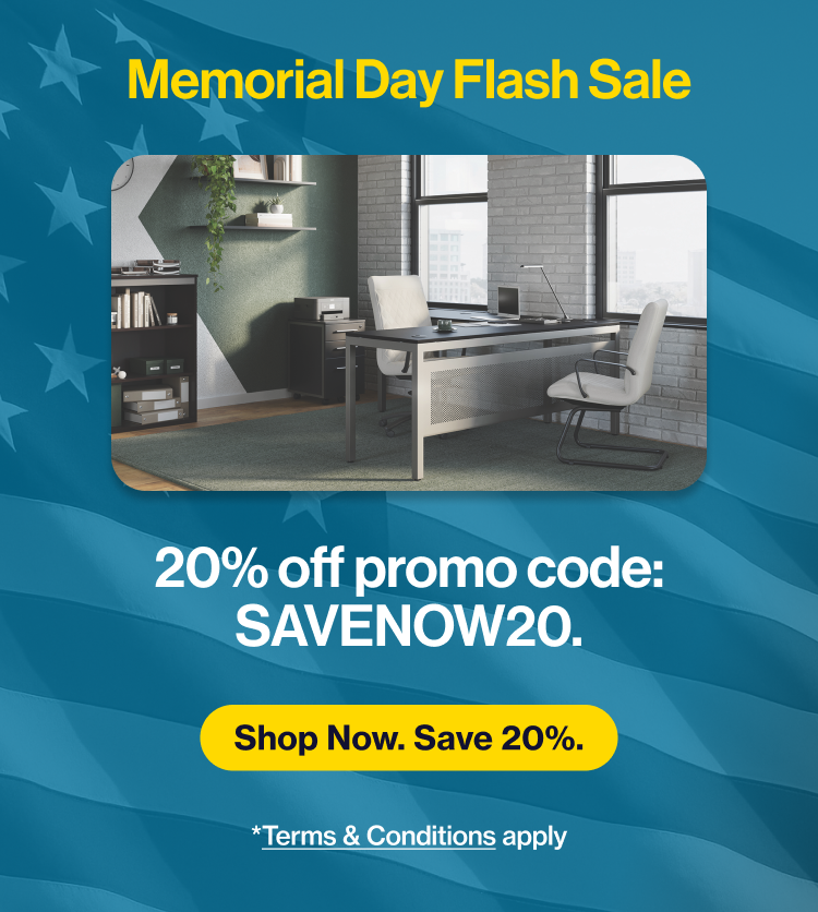 Modern office furniture in a bright workspace with desk and chair, promoting a Memorial Day Flash Sale. Blue background with American flag pattern. Overlay text: ‘20% off with promo code SAVENOW20. Shop now and save.